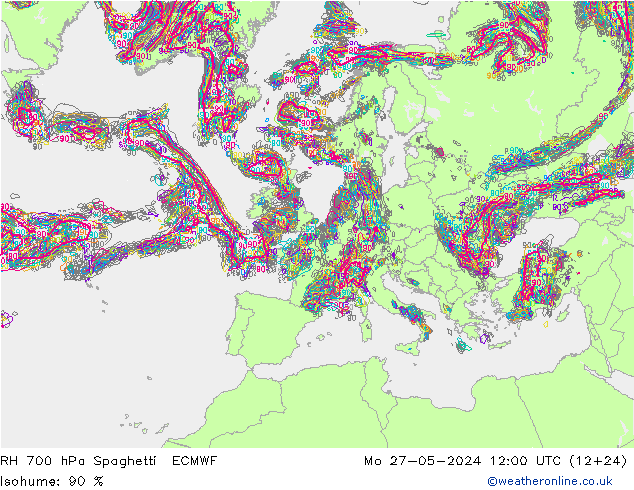 RH 700 hPa Spaghetti ECMWF pon. 27.05.2024 12 UTC