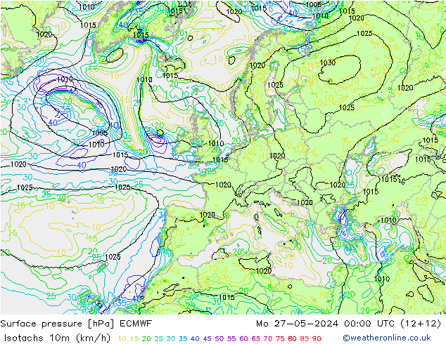 Isotachs (kph) ECMWF  27.05.2024 00 UTC