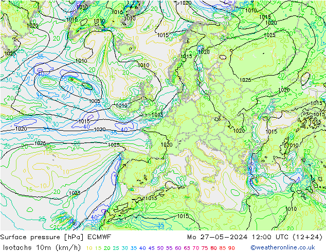 Isotachen (km/h) ECMWF ma 27.05.2024 12 UTC