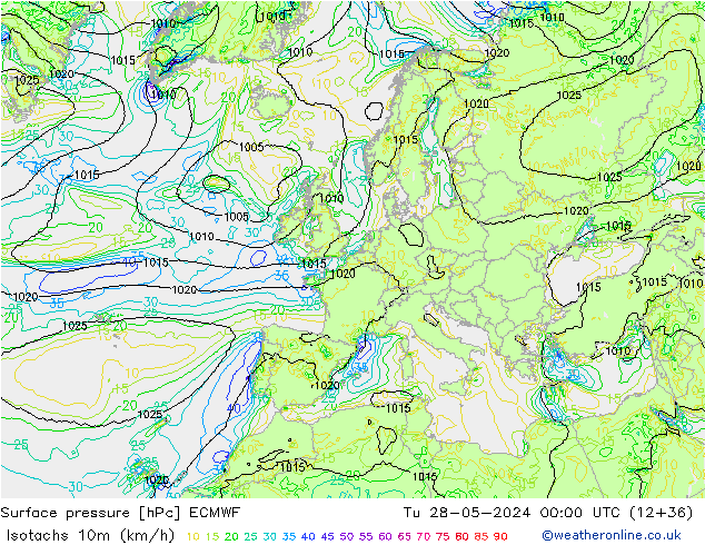 Isotachen (km/h) ECMWF Di 28.05.2024 00 UTC