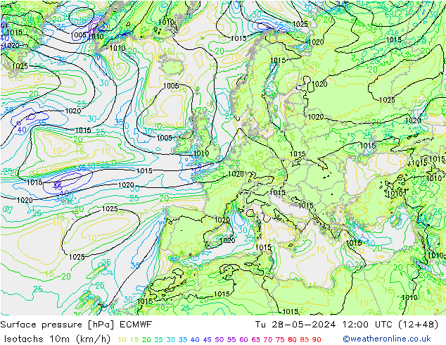 Isotachs (kph) ECMWF Tu 28.05.2024 12 UTC