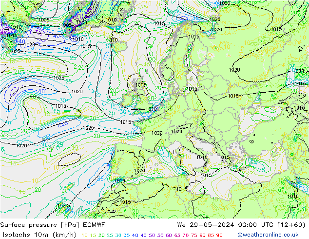 Isotachs (kph) ECMWF We 29.05.2024 00 UTC