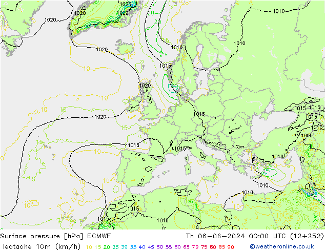 Isotachs (kph) ECMWF чт 06.06.2024 00 UTC