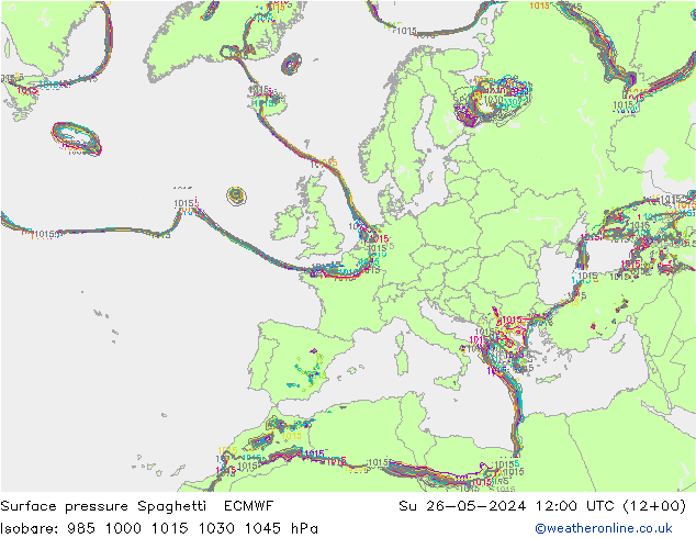 地面气压 Spaghetti ECMWF 星期日 26.05.2024 12 UTC