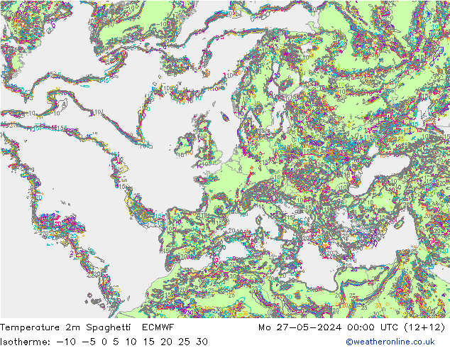 Temperatura 2m Spaghetti ECMWF lun 27.05.2024 00 UTC