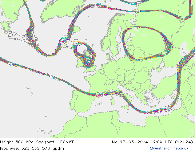 Height 500 hPa Spaghetti ECMWF Mo 27.05.2024 12 UTC