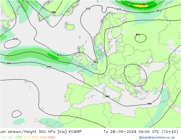 Jet stream/Height 300 hPa ECMWF Út 28.05.2024 06 UTC