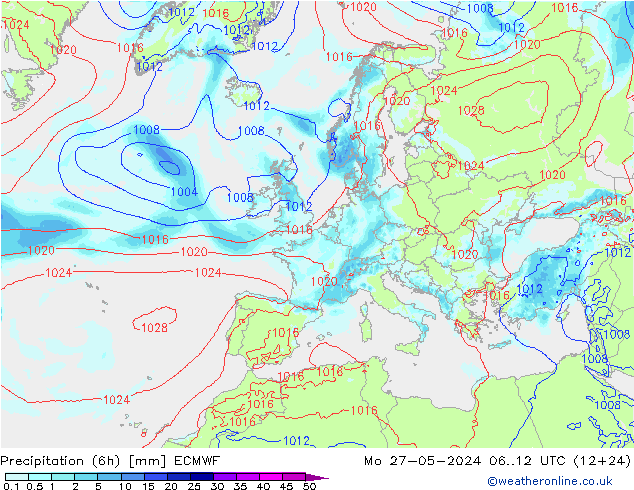 Totale neerslag (6h) ECMWF ma 27.05.2024 12 UTC