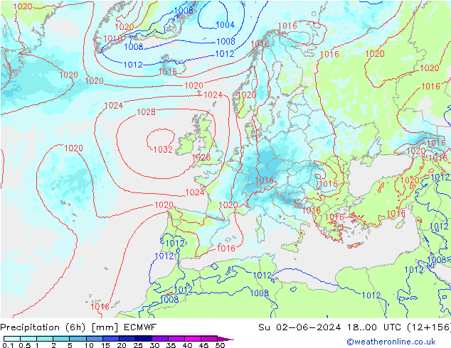 Precipitation (6h) ECMWF Su 02.06.2024 00 UTC