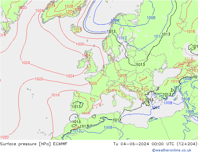 Surface pressure ECMWF Tu 04.06.2024 00 UTC