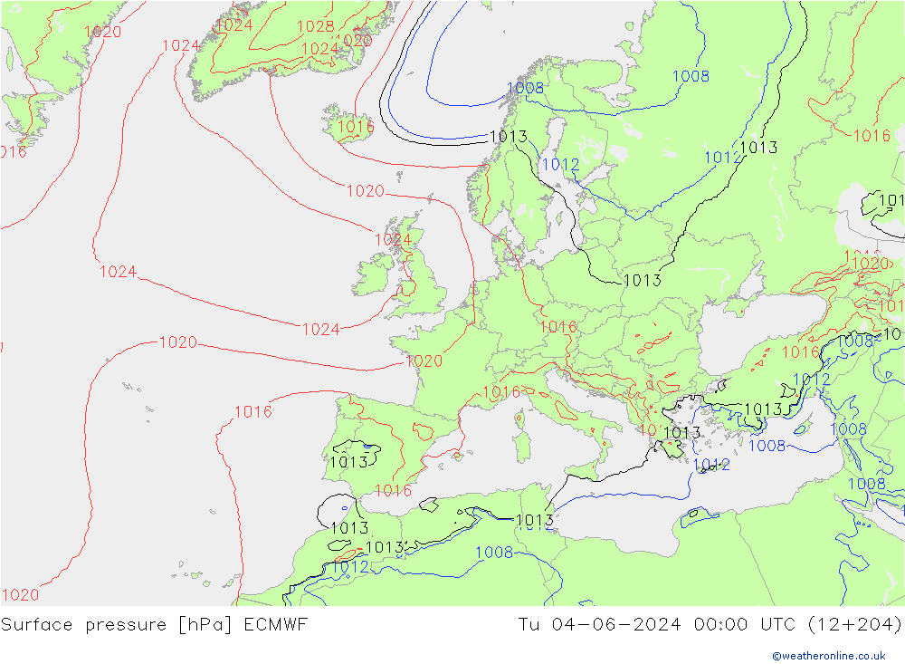 Surface pressure ECMWF Tu 04.06.2024 00 UTC