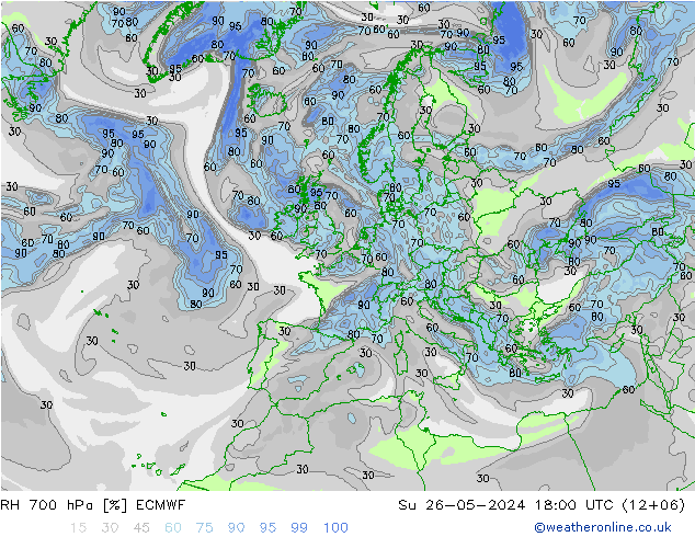 RH 700 hPa ECMWF 星期日 26.05.2024 18 UTC