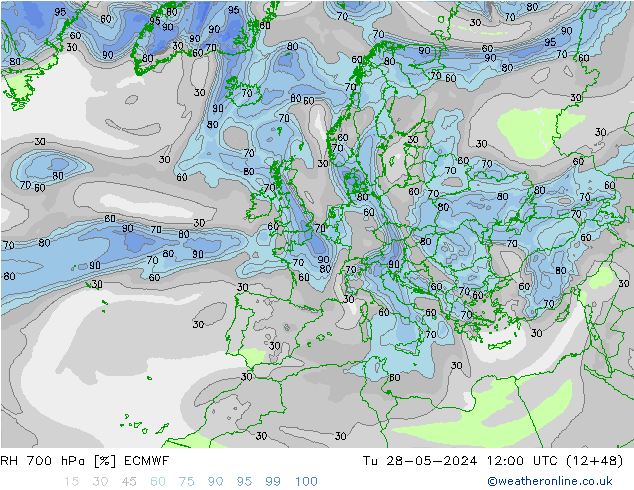 RH 700 hPa ECMWF Di 28.05.2024 12 UTC