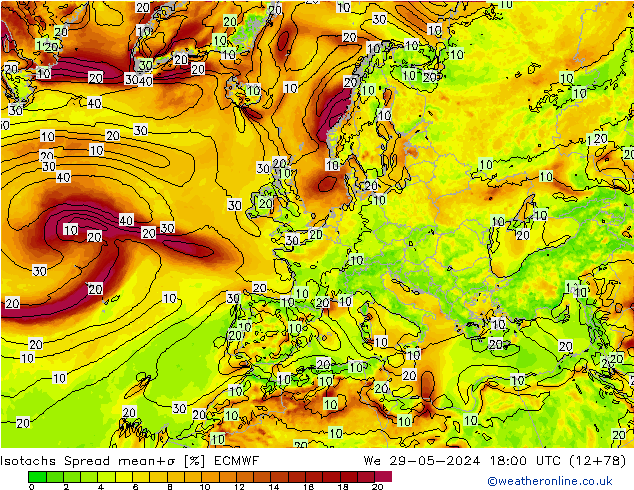 Isotachs Spread ECMWF We 29.05.2024 18 UTC