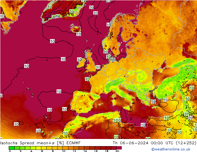 Isotachen Spread ECMWF Do 06.06.2024 00 UTC