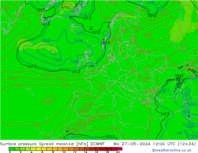 Surface pressure Spread ECMWF Mo 27.05.2024 12 UTC