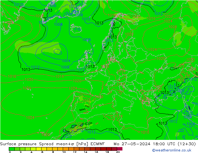 Surface pressure Spread ECMWF Mo 27.05.2024 18 UTC