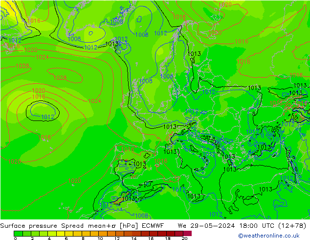 Pressione al suolo Spread ECMWF mer 29.05.2024 18 UTC