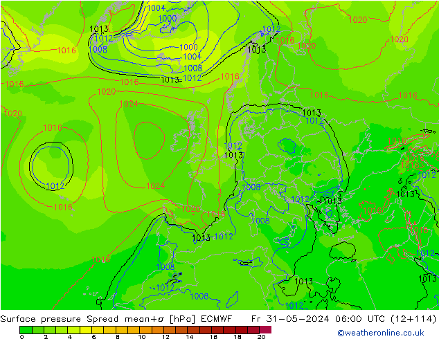 Atmosférický tlak Spread ECMWF Pá 31.05.2024 06 UTC