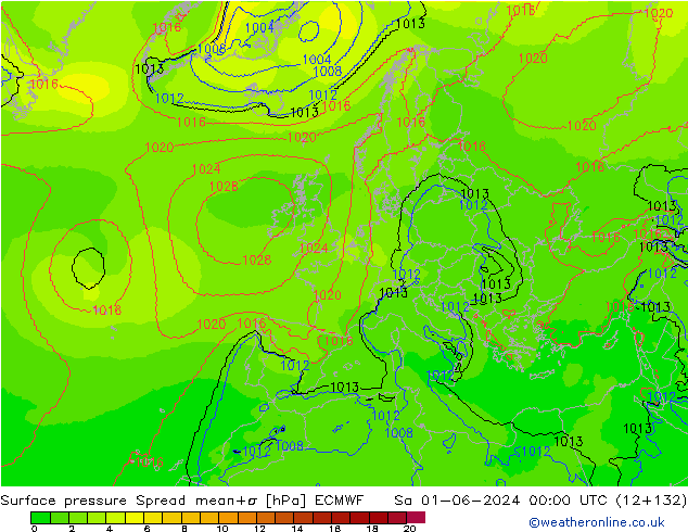 Surface pressure Spread ECMWF Sa 01.06.2024 00 UTC