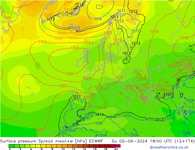 Surface pressure Spread ECMWF Su 02.06.2024 18 UTC