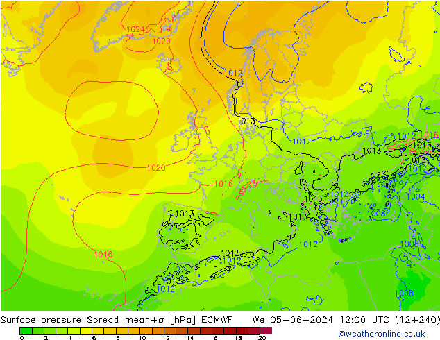 Surface pressure Spread ECMWF We 05.06.2024 12 UTC