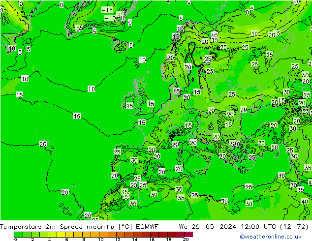 карта температуры Spread ECMWF ср 29.05.2024 12 UTC