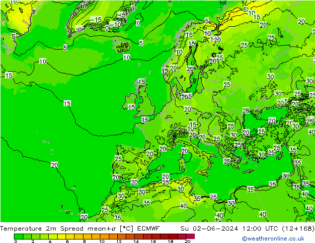 Temperature 2m Spread ECMWF Su 02.06.2024 12 UTC