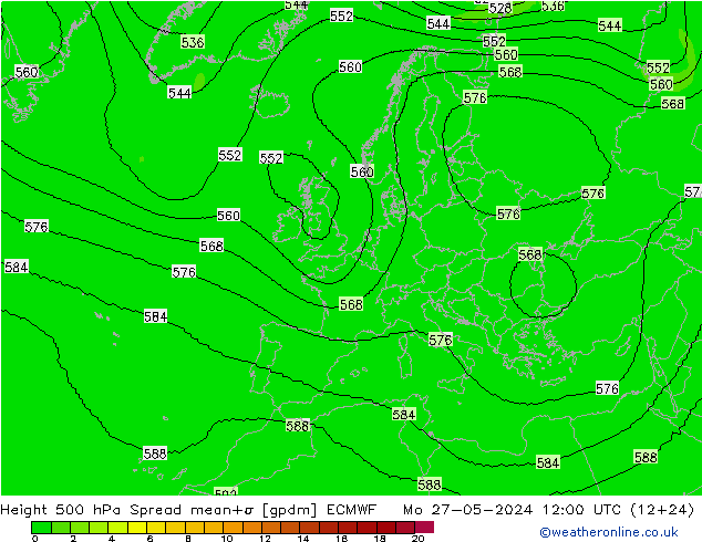 Height 500 hPa Spread ECMWF pon. 27.05.2024 12 UTC