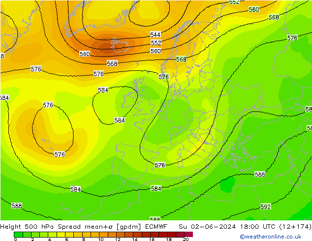 Height 500 hPa Spread ECMWF Su 02.06.2024 18 UTC