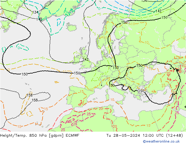 Height/Temp. 850 hPa ECMWF Út 28.05.2024 12 UTC