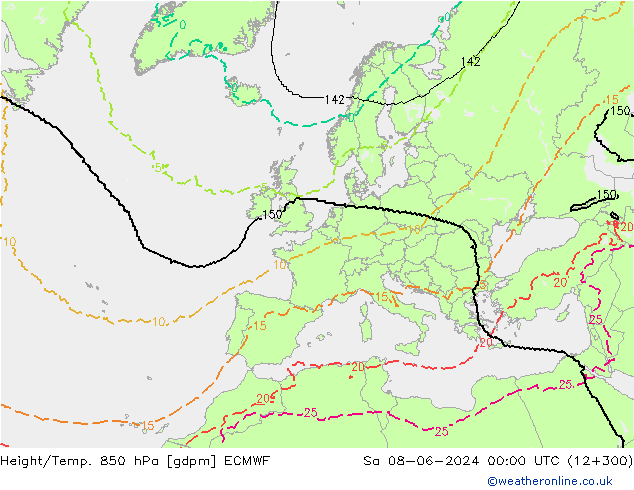 Hoogte/Temp. 850 hPa ECMWF za 08.06.2024 00 UTC