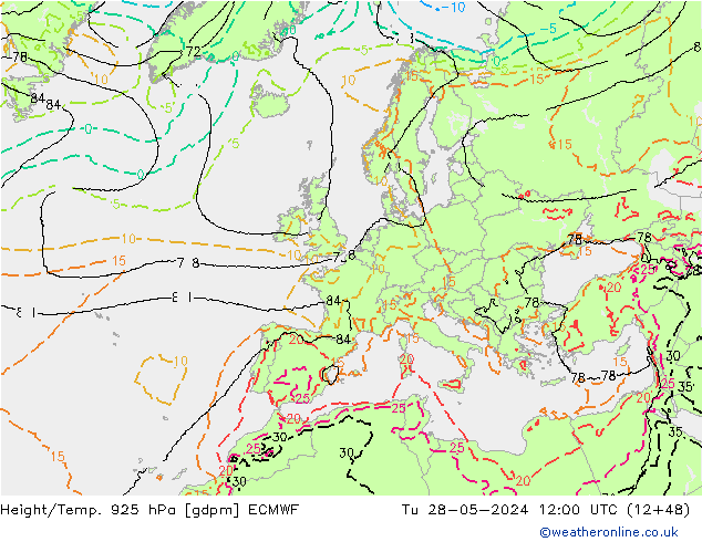 Height/Temp. 925 hPa ECMWF  28.05.2024 12 UTC