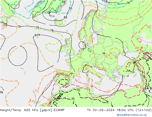 Height/Temp. 925 hPa ECMWF Do 30.05.2024 18 UTC