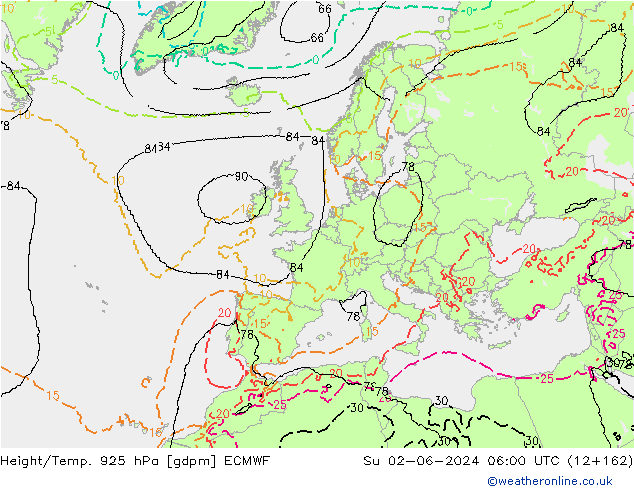 Hoogte/Temp. 925 hPa ECMWF zo 02.06.2024 06 UTC