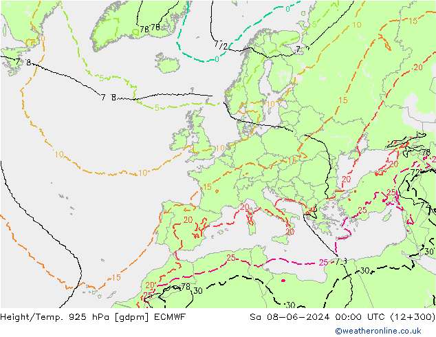 Height/Temp. 925 hPa ECMWF So 08.06.2024 00 UTC