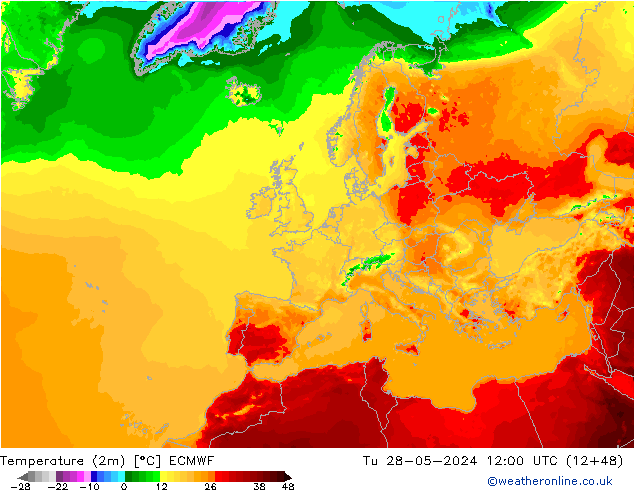Temperatuurkaart (2m) ECMWF di 28.05.2024 12 UTC