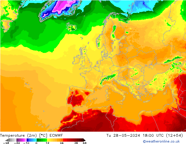 Temperatura (2m) ECMWF mar 28.05.2024 18 UTC