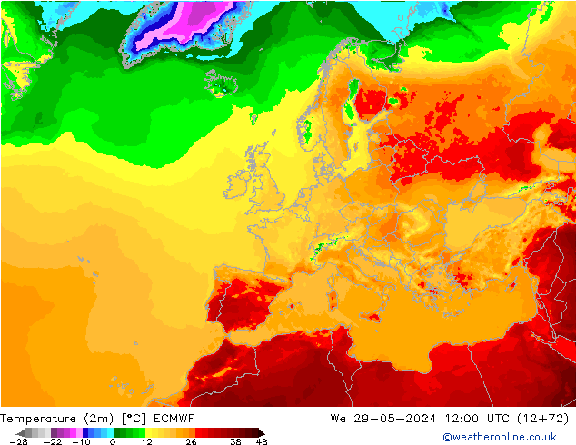 Temperature (2m) ECMWF We 29.05.2024 12 UTC