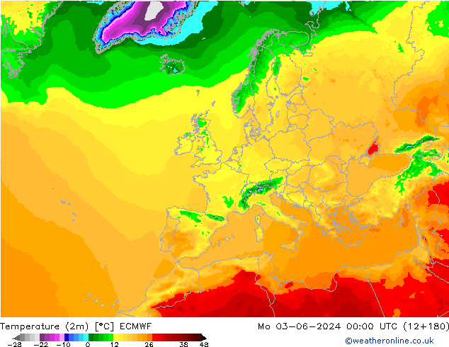 Temperaturkarte (2m) ECMWF Mo 03.06.2024 00 UTC