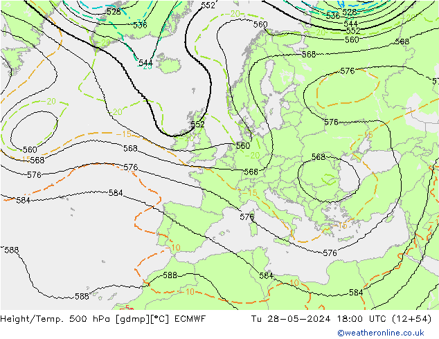 Height/Temp. 500 hPa ECMWF Út 28.05.2024 18 UTC