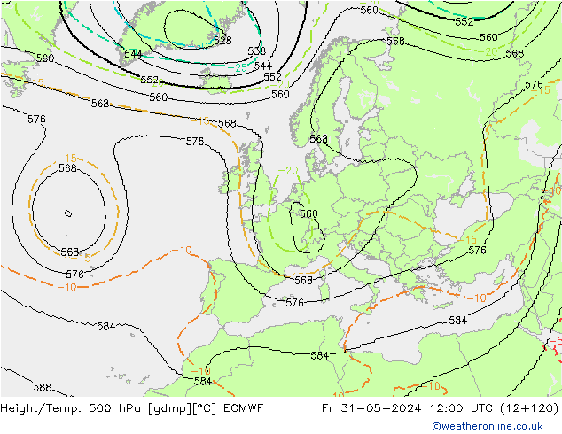 Height/Temp. 500 hPa ECMWF Pá 31.05.2024 12 UTC