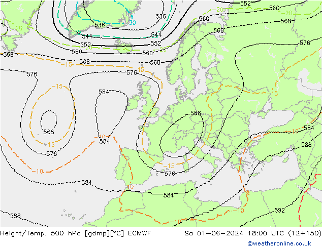 Height/Temp. 500 hPa ECMWF Sa 01.06.2024 18 UTC