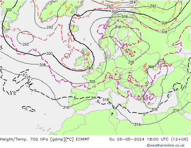 Height/Temp. 700 hPa ECMWF Dom 26.05.2024 18 UTC