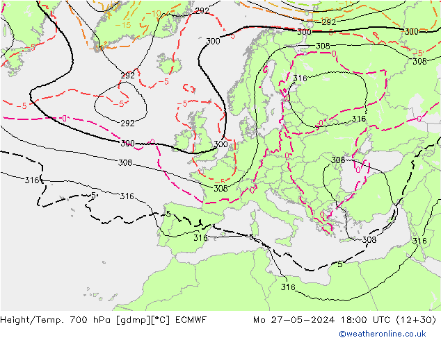 Height/Temp. 700 hPa ECMWF Mo 27.05.2024 18 UTC