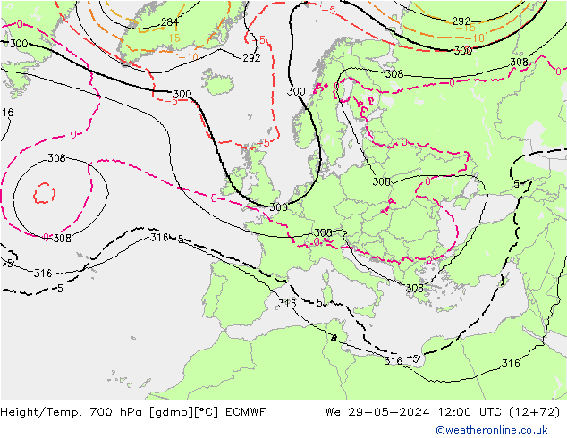 Height/Temp. 700 hPa ECMWF Qua 29.05.2024 12 UTC