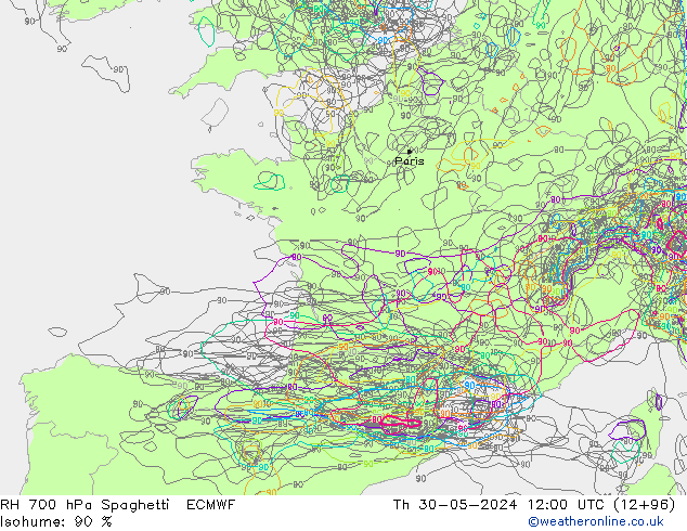 RH 700 hPa Spaghetti ECMWF czw. 30.05.2024 12 UTC