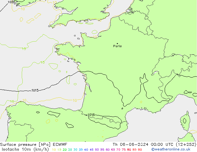 Isotachen (km/h) ECMWF do 06.06.2024 00 UTC