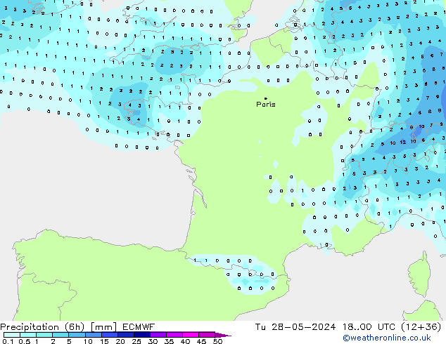 Précipitation (6h) ECMWF mar 28.05.2024 00 UTC