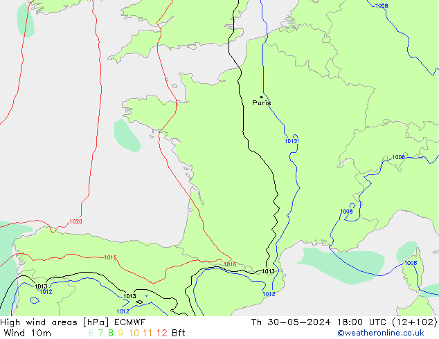 High wind areas ECMWF Th 30.05.2024 18 UTC